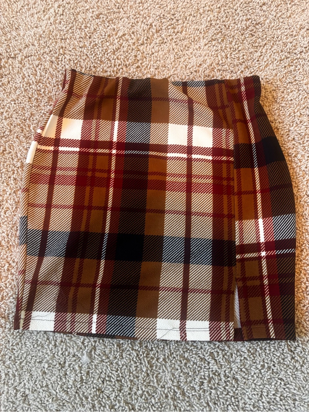 Fashion Nova Plaid Mini Skirt in Brown, Burgundy, Cream and Black